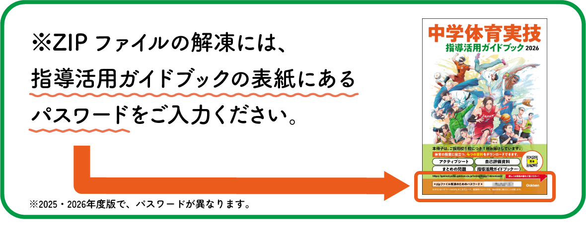 zipファイルの解凍には指導活用ガイドブックの表紙にあるパスワードをご入力ください。